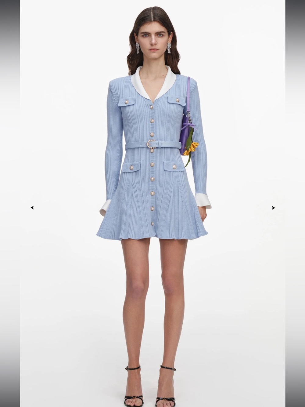 Self Portrait Iridescent buttons ruffled knit mini-dress